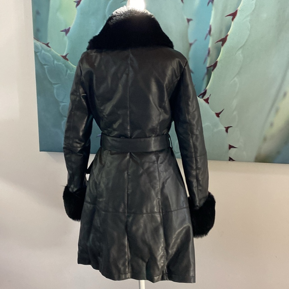 AZALEA WANG GRAM GIRL PU VEGAN LEATHER AND FAUX FUR TRIM WRAP COAT - Picture 5 of 7